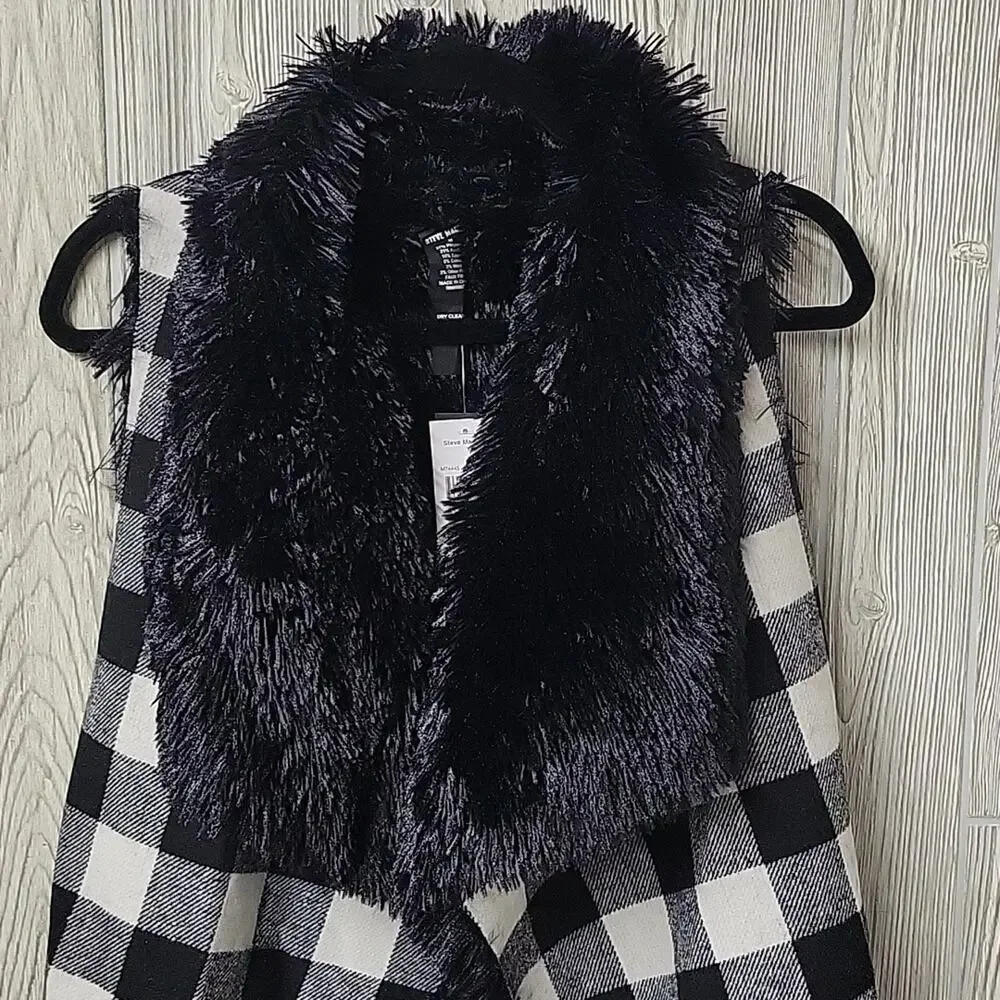 Steve Madden Reversible Faux Fur Black White Checkered Vest Womens Medium NWT